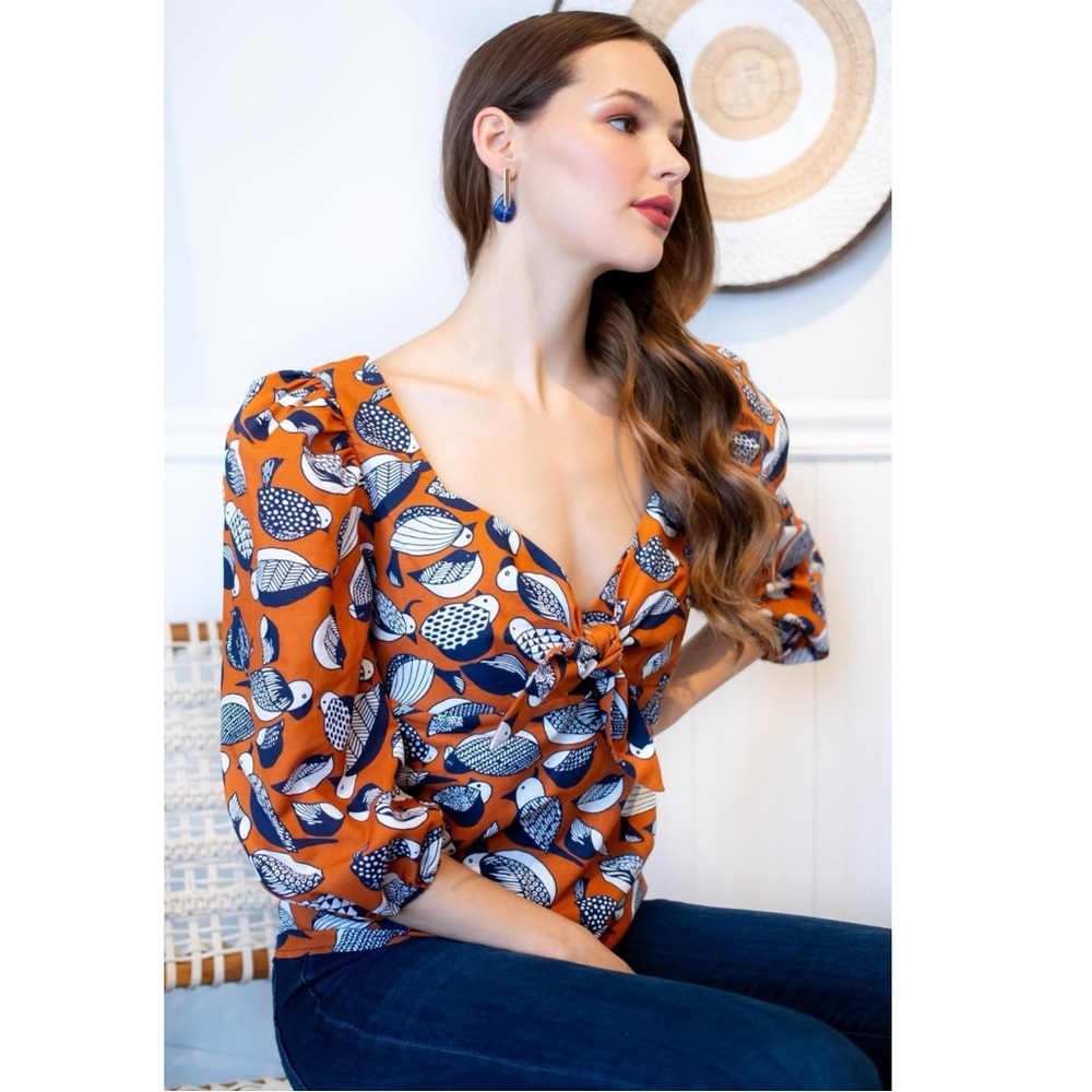 Anthropologie Eva Franco Whimsical Bird Puff Sleeve Sweetheart Blouse Size 6 - Picture 10 of 13